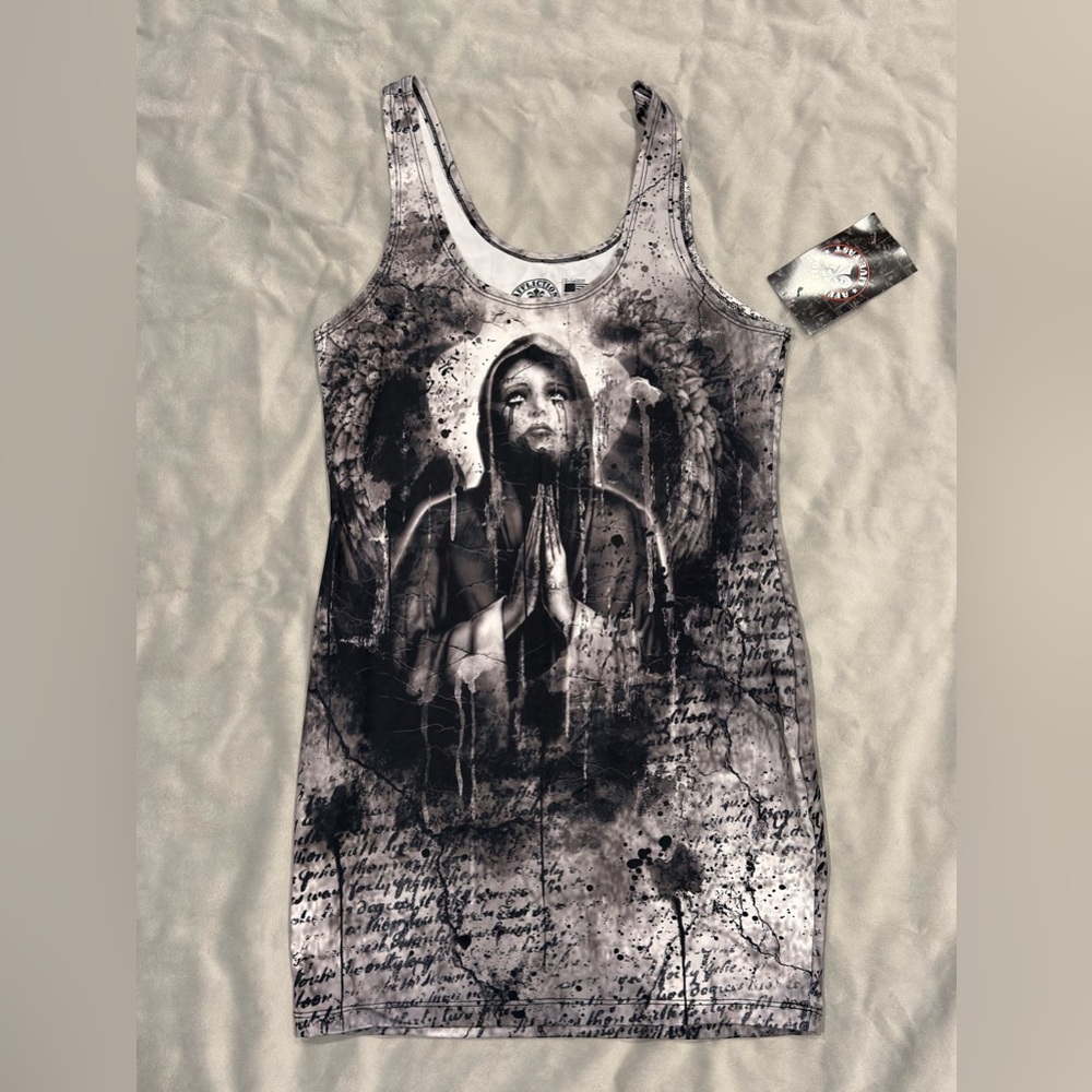 Affliction- 2015 Graphic Angel Prayer Tank Dress - Monochrome Black & White
